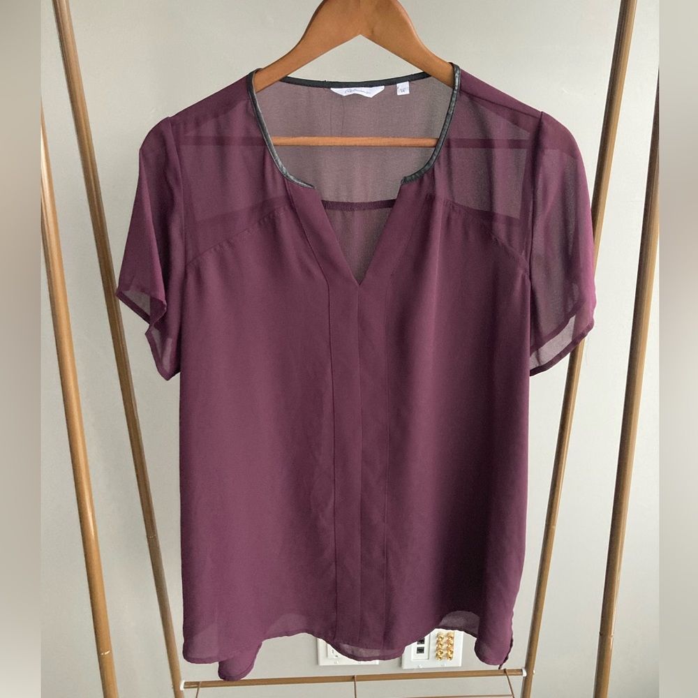 Reitmans Deep Maroon short sleeve blouse with faux leather black trim detail